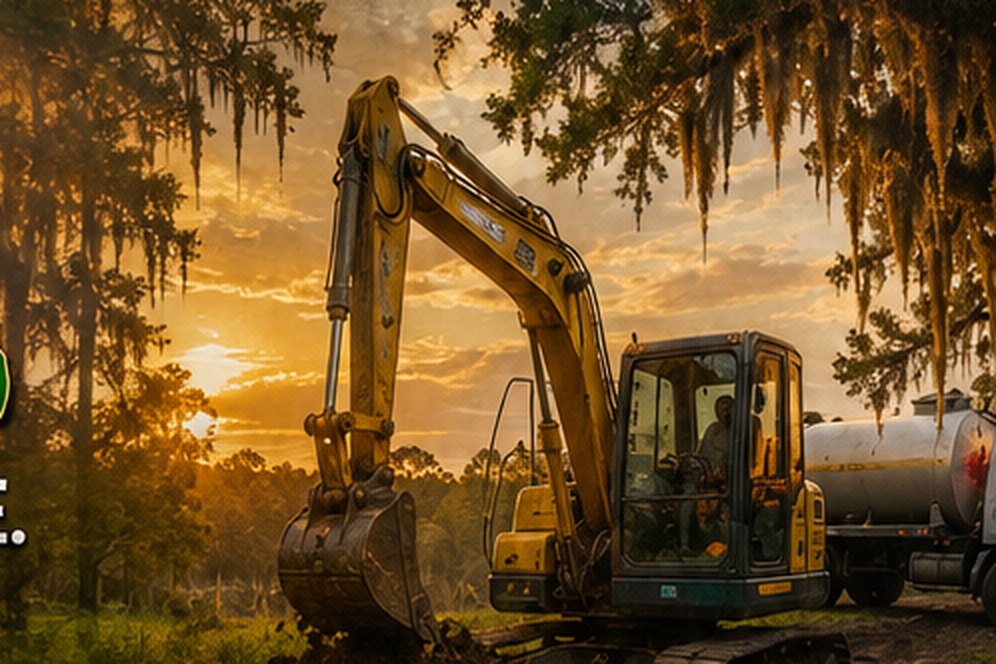 Excavator on a Southern Septic Solutions job site at sunset