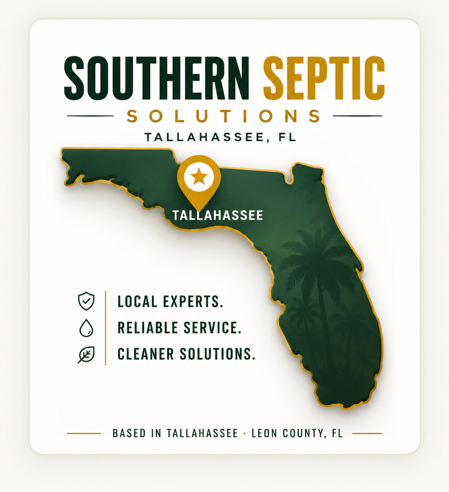 Map of Florida showing Southern Septic Solutions is based in Tallahassee, Leon County, serving North Florida